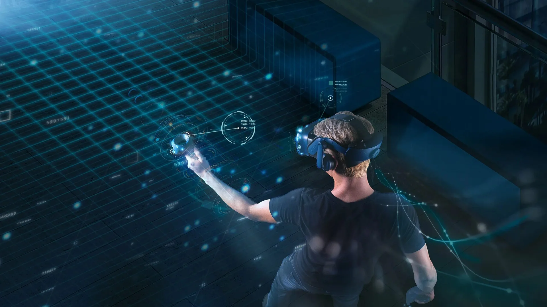 A person wearing a VR headset, immersed in a futuristic world.